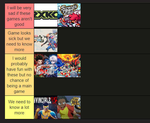 Tier list - I will be very sad if these games aren't good tier: 2XKO, Scramble Heart City; Game looks sick but we need to know more tier: Marvel Tokon; I would probably have fun with these but no chance of being main game tier: Hunter X Hunter Nen X Impact, Ultimate Sonic Smackdown; We need to know a lot more tier: Invincible VS, Saturday AM Battle Manga